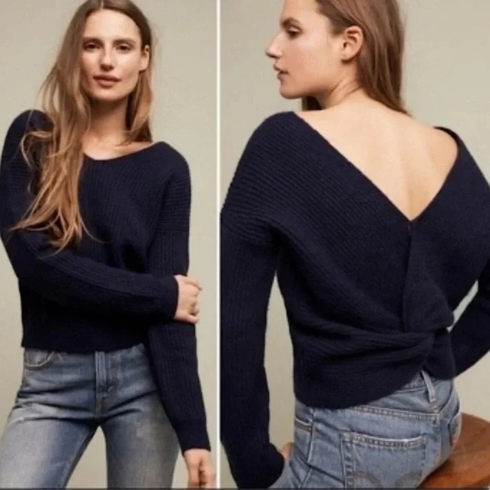 Anthropologie Angel of the North Twist Back Crop Navy Sweater S